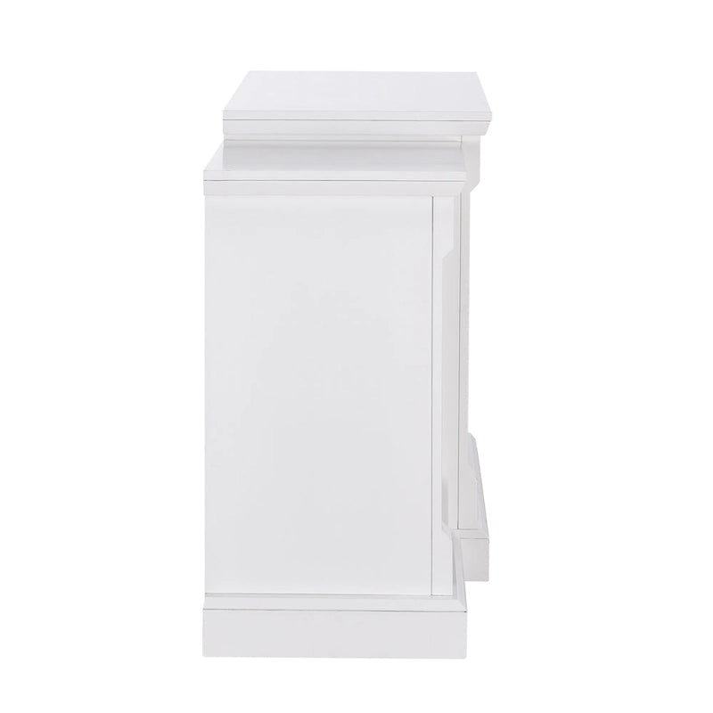 Cheminée électrique à LED avec télécommande, meuble-cheminée en pierre blanche et rangement SEI Furniture