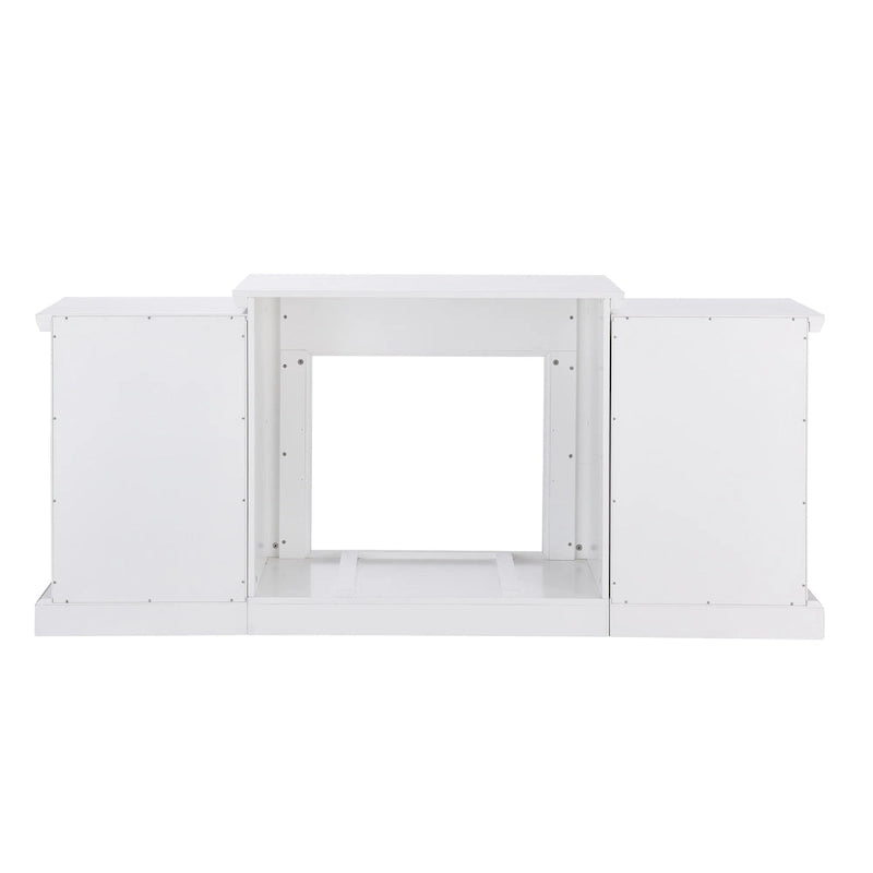 Cheminée électrique à LED avec télécommande, meuble-cheminée en pierre blanche et rangement SEI Furniture