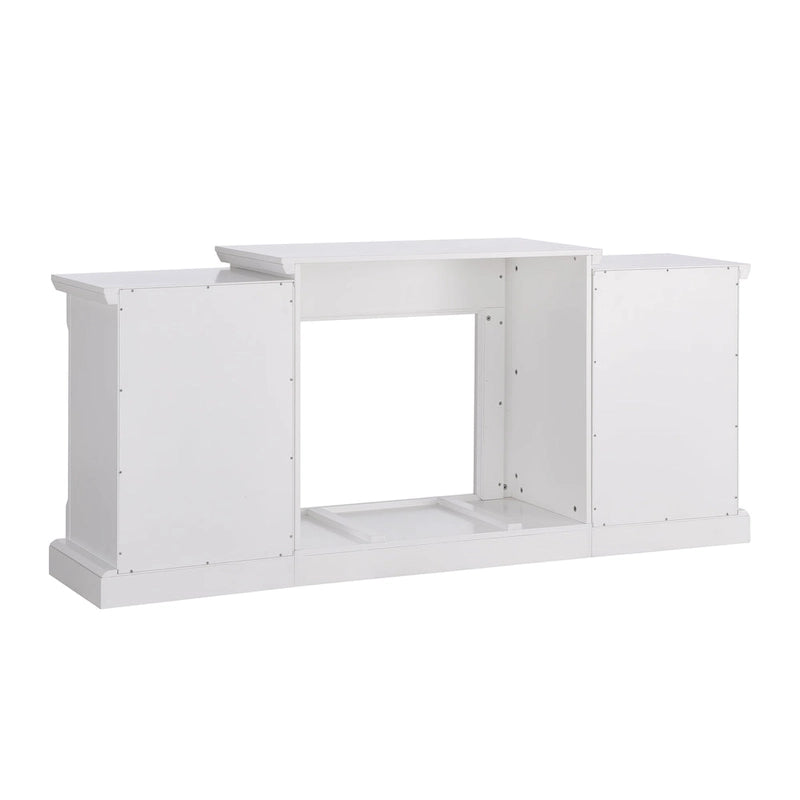 Cheminée électrique à LED avec télécommande, meuble-cheminée en pierre blanche et rangement SEI Furniture