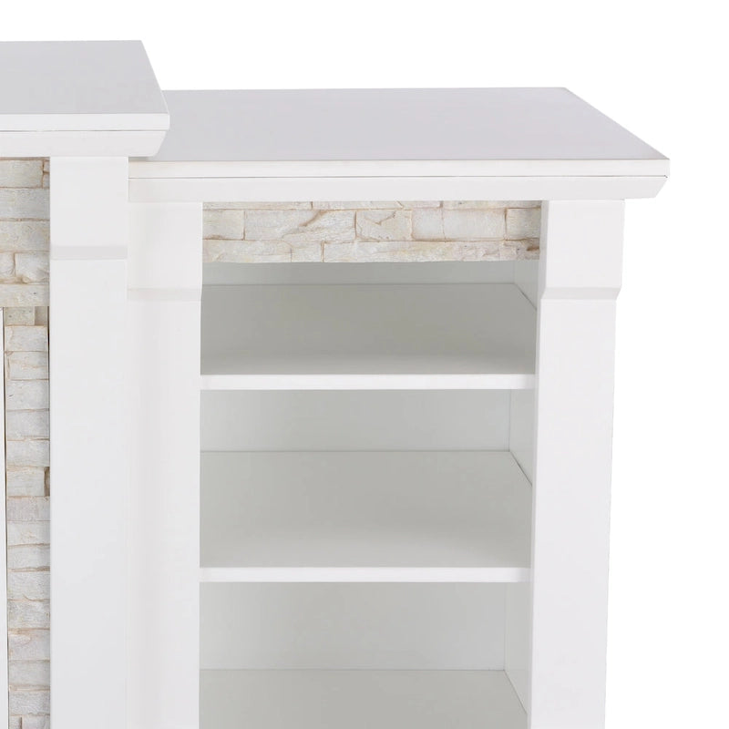 Cheminée électrique à LED avec télécommande, meuble-cheminée en pierre blanche et rangement SEI Furniture