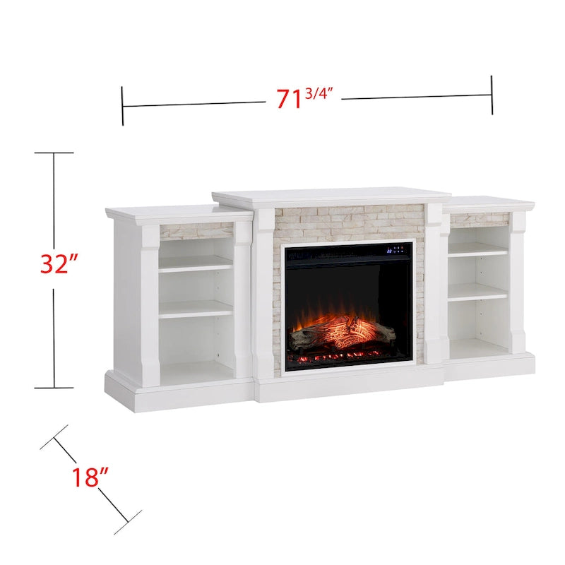 Cheminée électrique à LED avec télécommande, meuble-cheminée en pierre blanche et rangement SEI Furniture