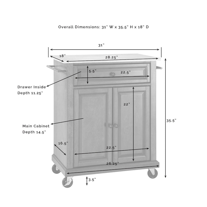 Desserte de cuisine portative en granit – 31 po L x 18 po P x 35,5 po H