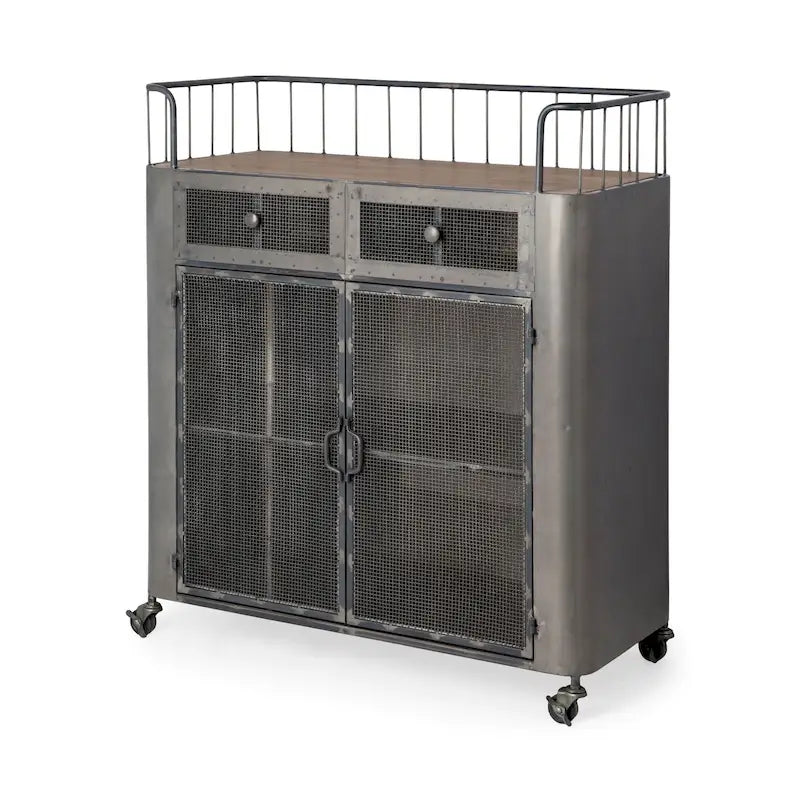 Chariot de bar en métal gris et bois brun – 16,5L x 35,4W x 40,7H