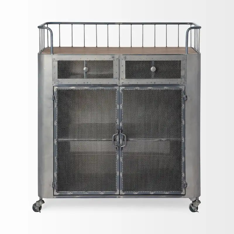 Chariot de bar en métal gris et bois brun – 16,5L x 35,4W x 40,7H