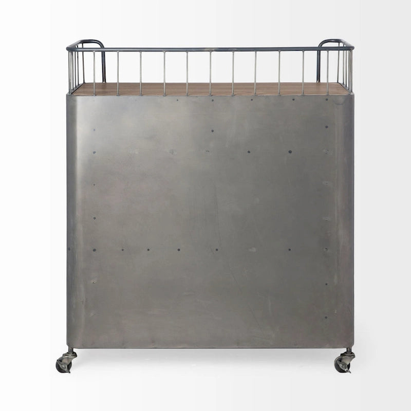 Chariot de bar en métal gris et bois brun – 16,5L x 35,4W x 40,7H