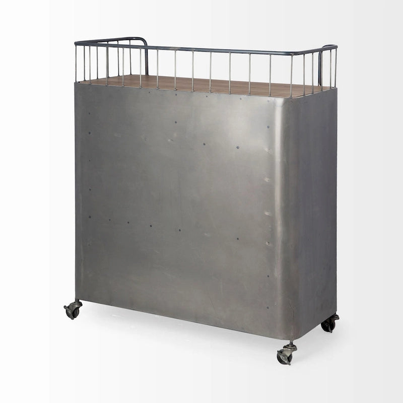 Chariot de bar en métal gris et bois brun – 16,5L x 35,4W x 40,7H