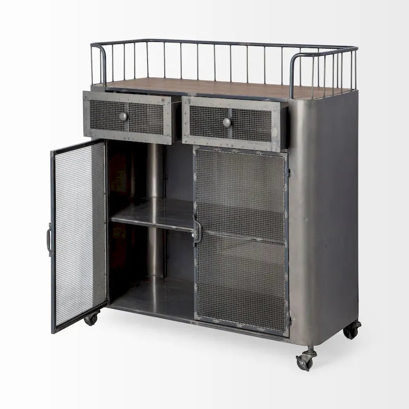 Chariot de bar en métal gris et bois brun – 16,5L x 35,4W x 40,7H