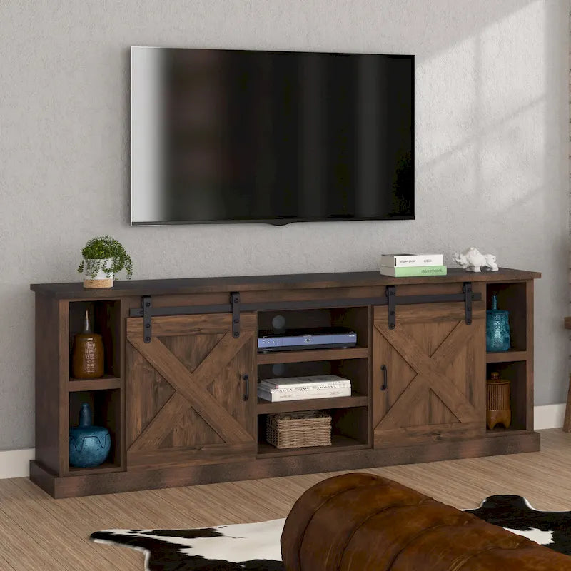 Meuble TV Bridgevine Home Farmhouse de 85 po pour téléviseurs jusqu'à 95 po, aucun assemblage requis, fini whisky vieilli