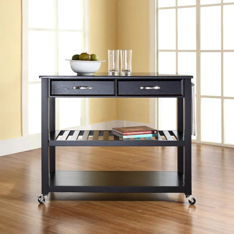 Desserte/Îlot de cuisine en granit noir massif avec rangement pour tabourets optionnel, fini noir – 17p x 43L x 35h