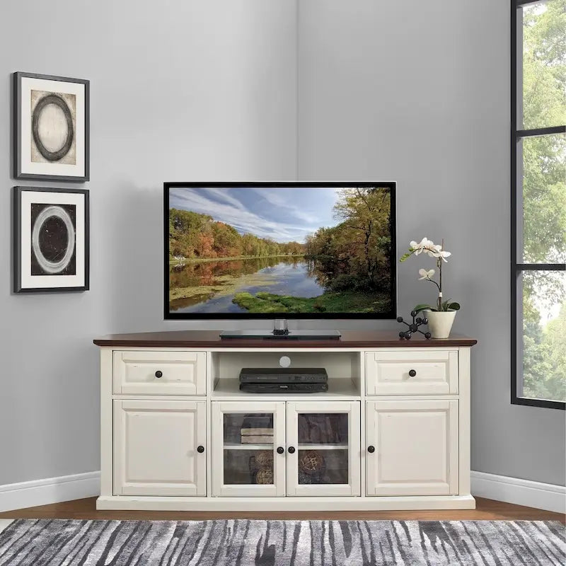 Meuble TV d'angle Crosley Shelby 60 blanc avec plateau acajou