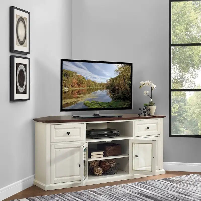 Meuble TV d'angle Crosley Shelby 60 blanc avec plateau acajou