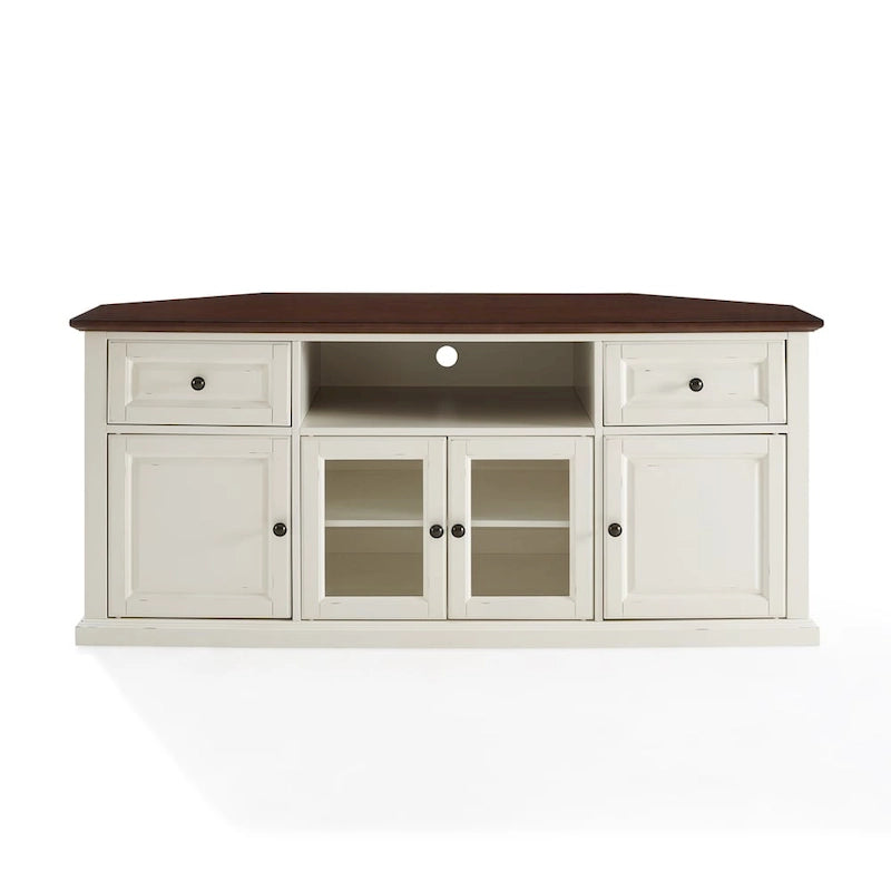 Meuble TV d'angle Crosley Shelby 60 blanc avec plateau acajou
