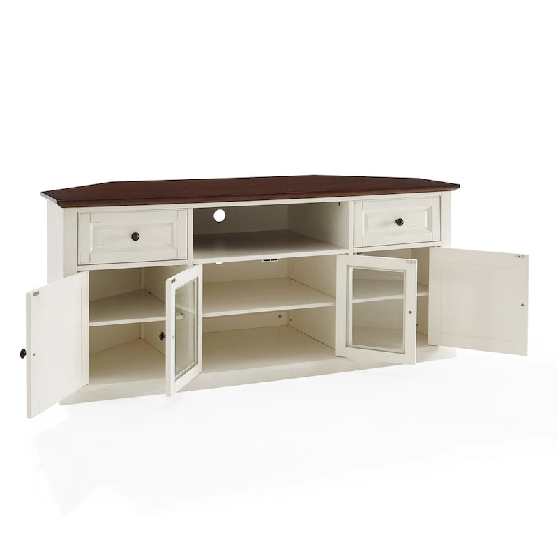 Meuble TV d'angle Crosley Shelby 60 blanc avec plateau acajou