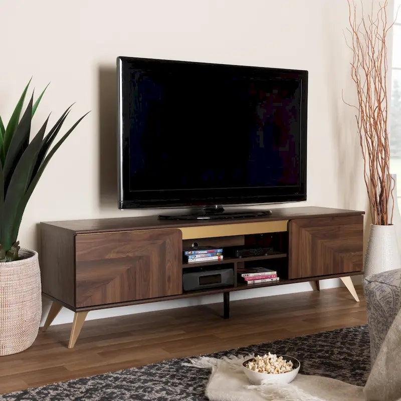 Meuble TV à 2 portes Graceland, en bois finition noyer, de style moderne du milieu du siècle