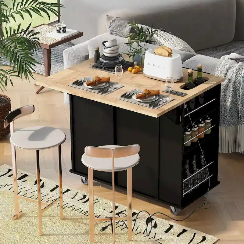 Îlot de cuisine avec prise de courant, Îlot de rangement de cuisine avec abattant et bois d'hévéa - N/A