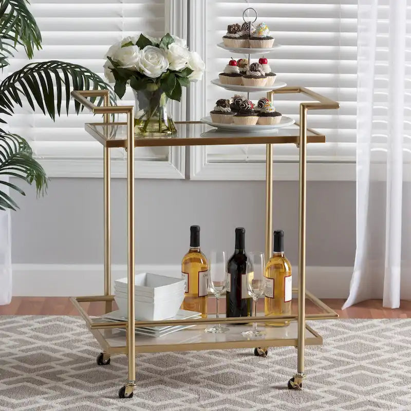 Desserte à vin à 2 niveaux en métal doré et marbre blanc, style glamour contemporain et luxe