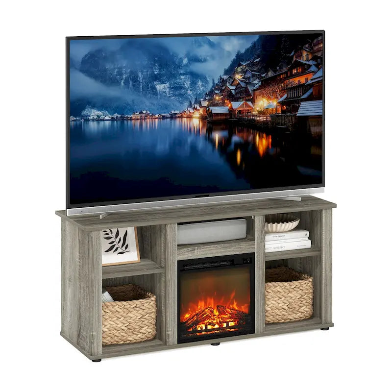 Meuble TV et de divertissement Furinno Jensen avec foyer et compartiment de rangement ouvert pour téléviseur jusqu'à 5 pouces