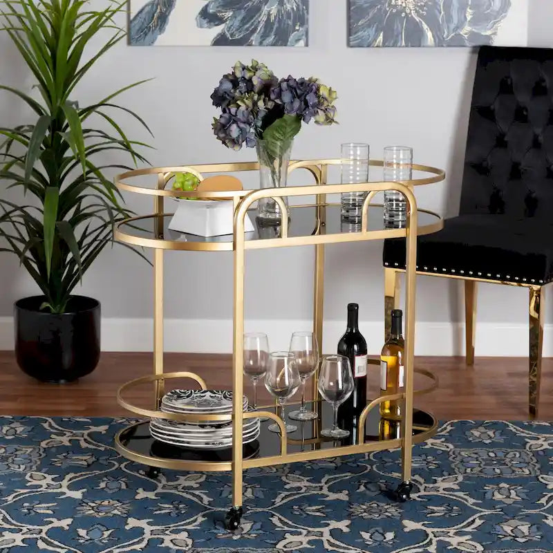 Desserte à roulettes 2 niveaux contemporaine, chic et luxueuse en métal doré et verre trempé