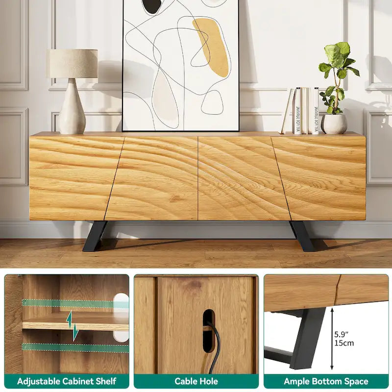 Meuble TV de rangement Moasis 63 pouces à 4 portes avec relief ondulé - 63