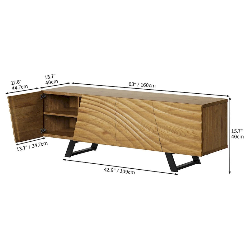 Meuble TV de rangement Moasis 63 pouces à 4 portes avec relief ondulé - 63