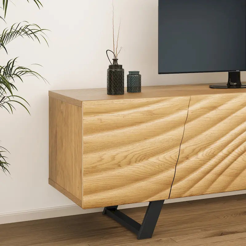 Meuble TV de rangement Moasis 63 pouces à 4 portes avec relief ondulé - 63
