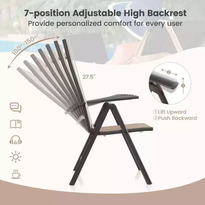 Lot de 2 chaises de salle à manger pliantes Costway pour patio avec dossier haut réglable sur 7 niveaux pour jardin Marron/Noir