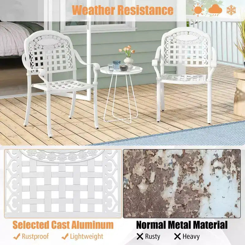 Costway Chaises de salle à manger empilables d'extérieur blanches avec accoudoirs en aluminium moulé, lot de 2 ou 4
