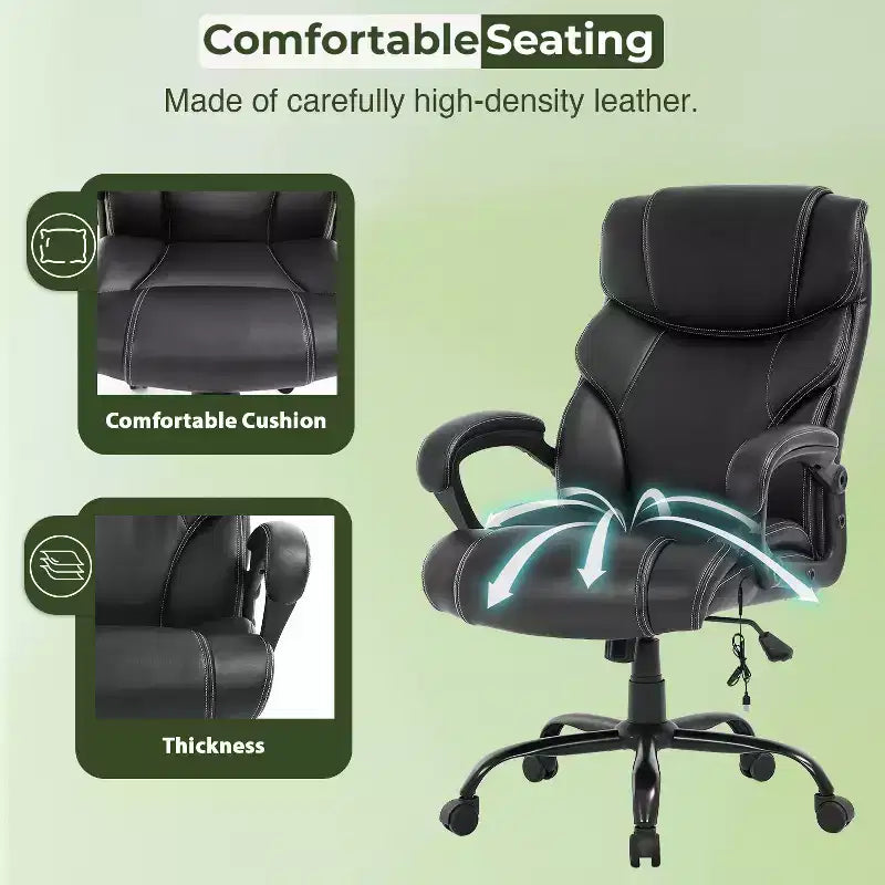 Fauteuil de bureau renforcé – 180 kg, massage USB, support lombaire, hauteur réglable, noir