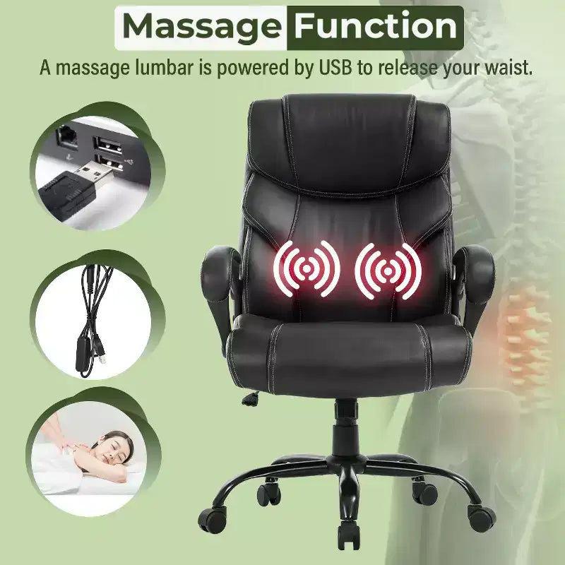 Fauteuil de bureau renforcé – 180 kg, massage USB, support lombaire, hauteur réglable, noir