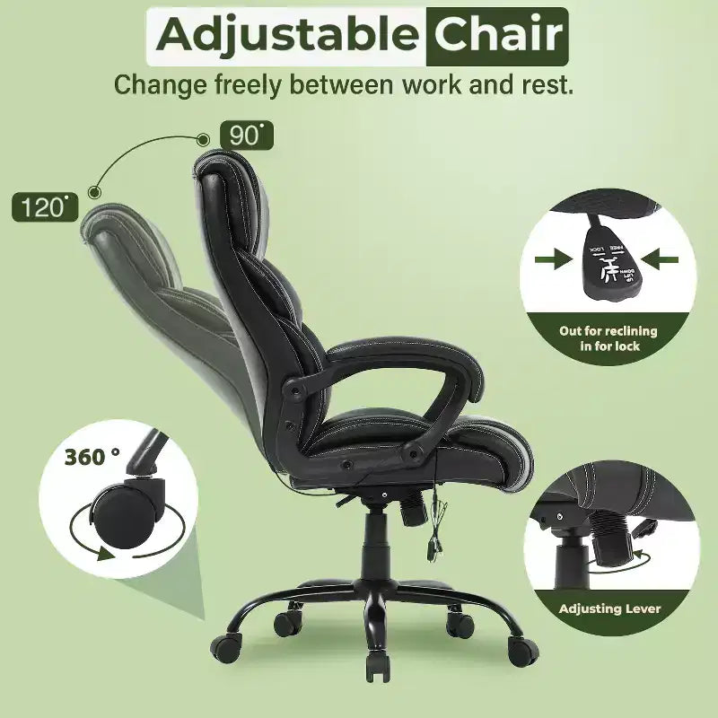 Fauteuil de bureau renforcé – 180 kg, massage USB, support lombaire, hauteur réglable, noir