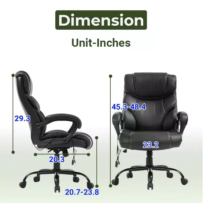 Fauteuil de bureau renforcé – 180 kg, massage USB, support lombaire, hauteur réglable, noir