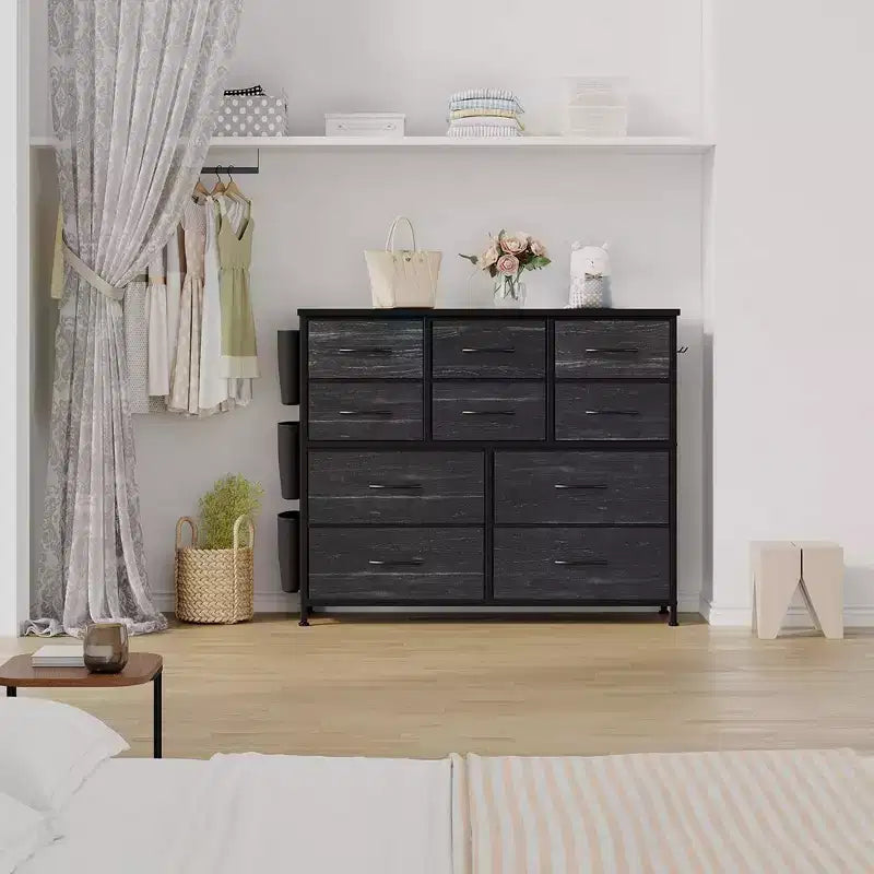 Commode en tissu à 10 tiroirs – Poches latérales et crochets, cadre en métal, pour placard et chambre