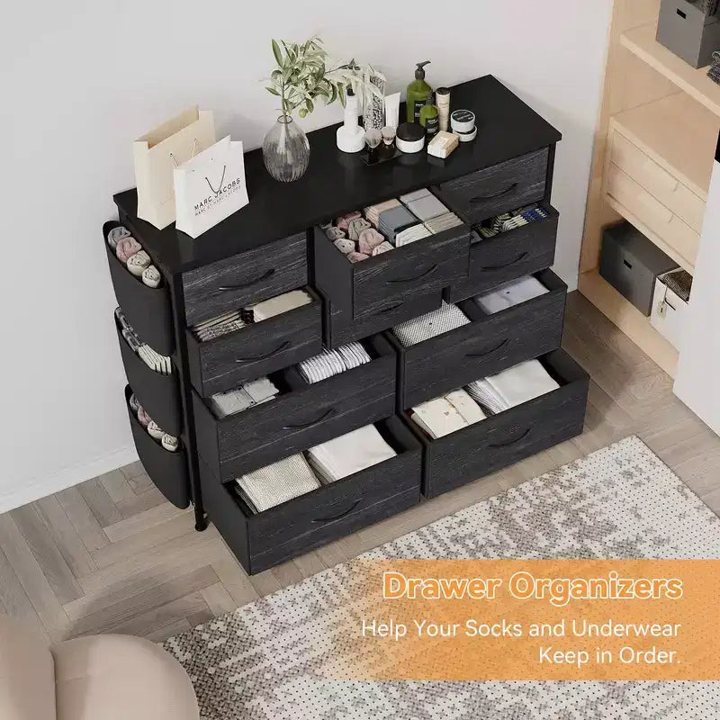 Commode en tissu à 10 tiroirs – Poches latérales et crochets, cadre en métal, pour placard et chambre
