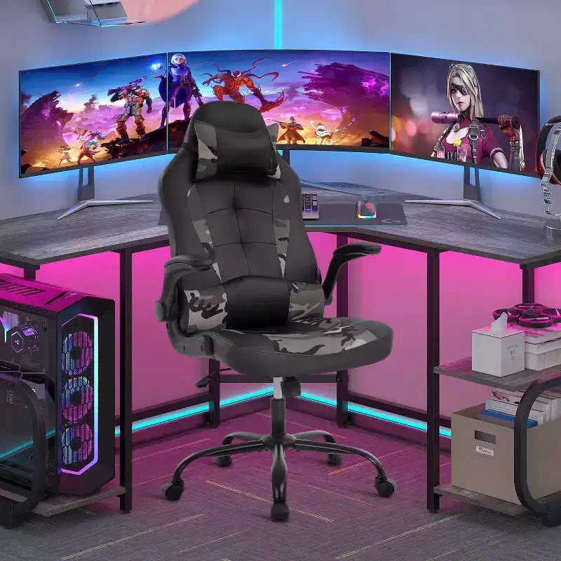 Chaise de bureau et de gaming – Support lombaire, Accoudoirs relevables, Appuie-tête, 113 kg, Cuir PU