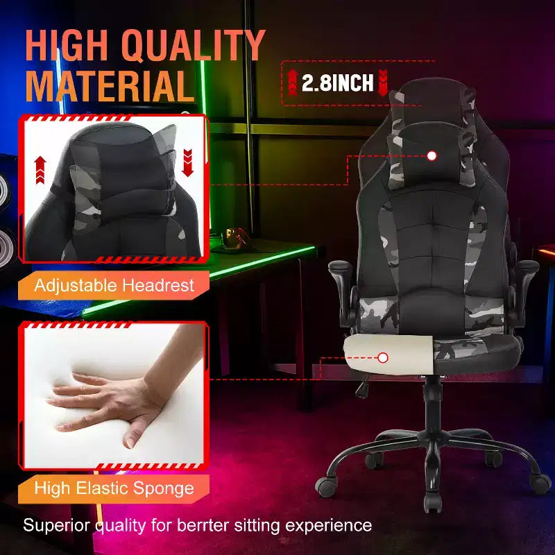 Chaise de bureau et de gaming – Support lombaire, Accoudoirs relevables, Appuie-tête, 113 kg, Cuir PU