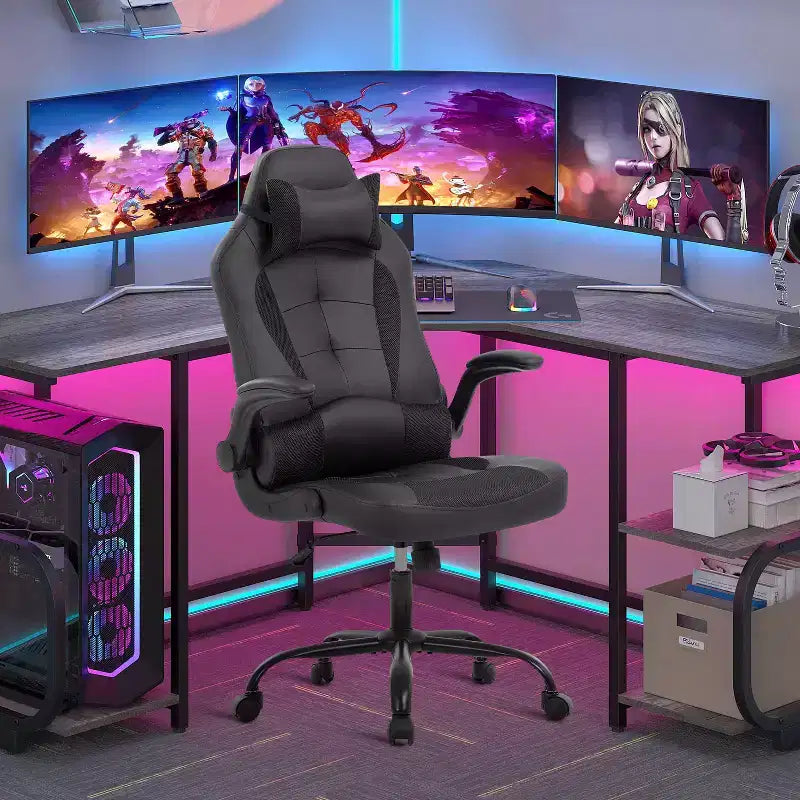 Chaise de bureau et de gaming – Support lombaire, Accoudoirs relevables, Appuie-tête, 113 kg, Cuir PU