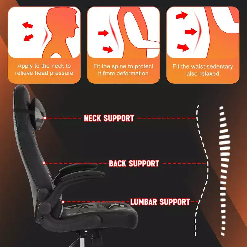 Chaise de bureau et de gaming – Support lombaire, Accoudoirs relevables, Appuie-tête, 113 kg, Cuir PU