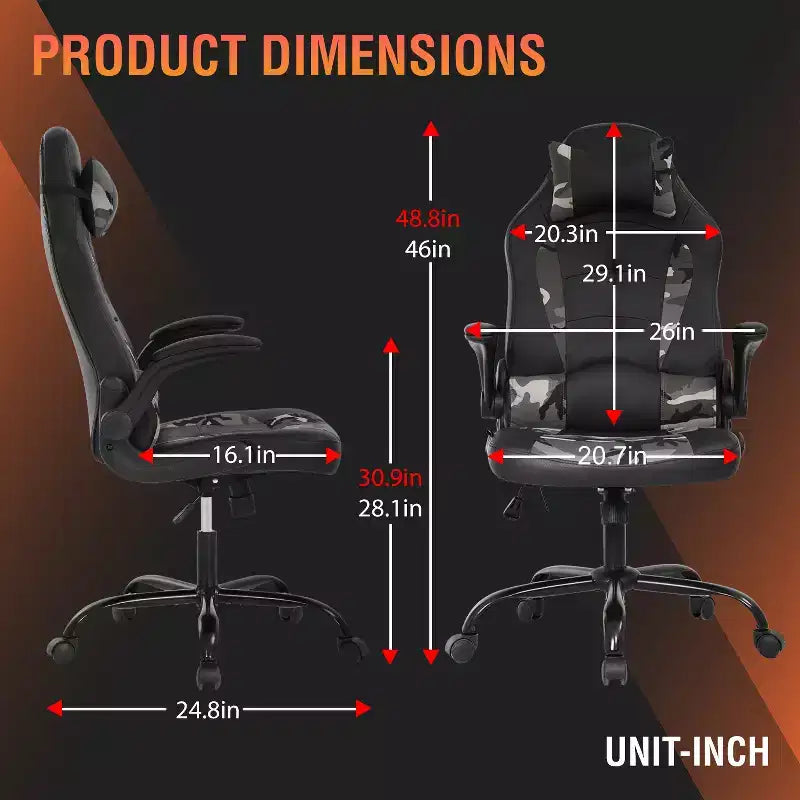 Chaise de bureau et de gaming – Support lombaire, Accoudoirs relevables, Appuie-tête, 113 kg, Cuir PU