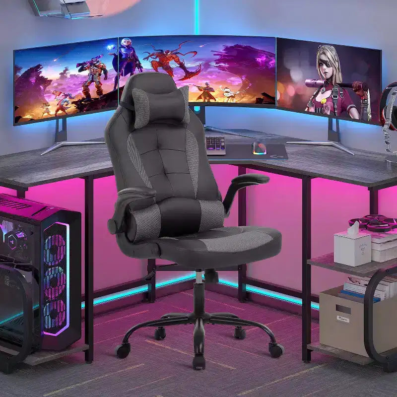 Chaise de bureau et de gaming – Support lombaire, Accoudoirs relevables, Appuie-tête, 113 kg, Cuir PU