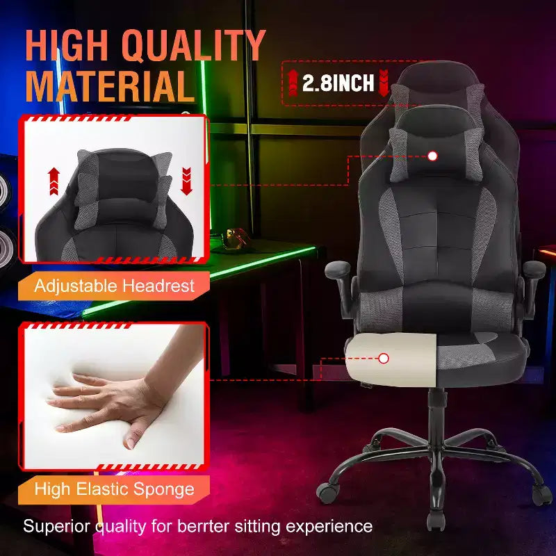 Chaise de bureau et de gaming – Support lombaire, Accoudoirs relevables, Appuie-tête, 113 kg, Cuir PU