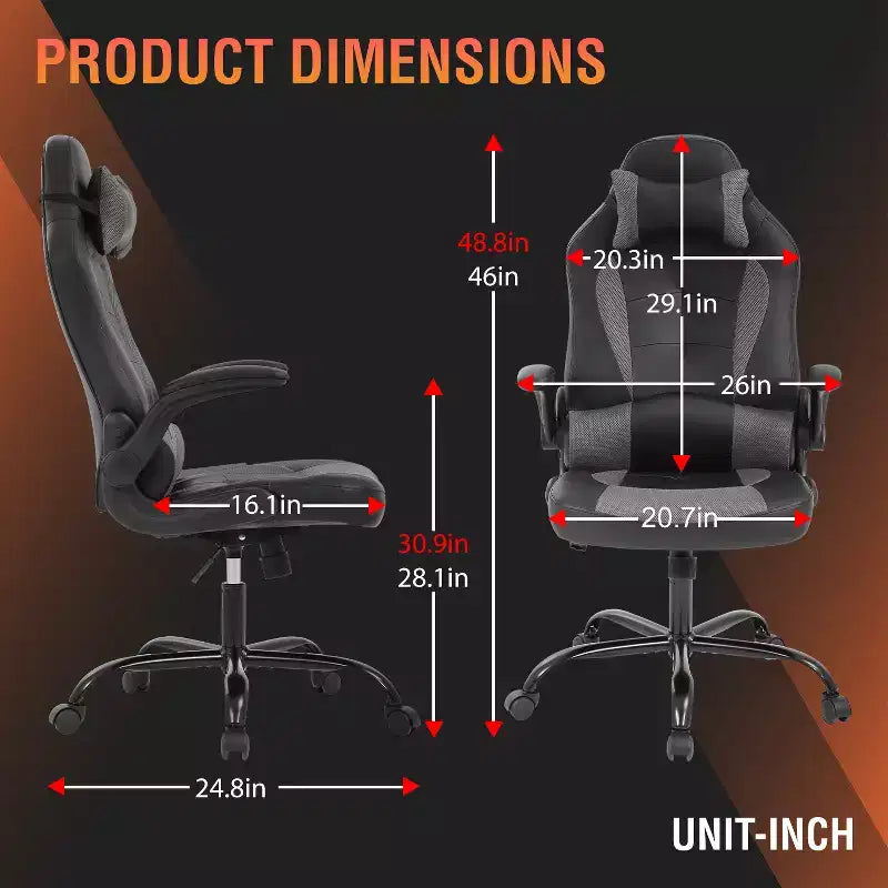 Chaise de bureau et de gaming – Support lombaire, Accoudoirs relevables, Appuie-tête, 113 kg, Cuir PU