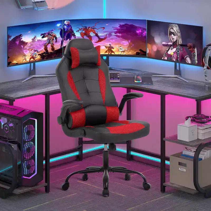 Chaise de bureau et de gaming – Support lombaire, Accoudoirs relevables, Appuie-tête, 113 kg, Cuir PU