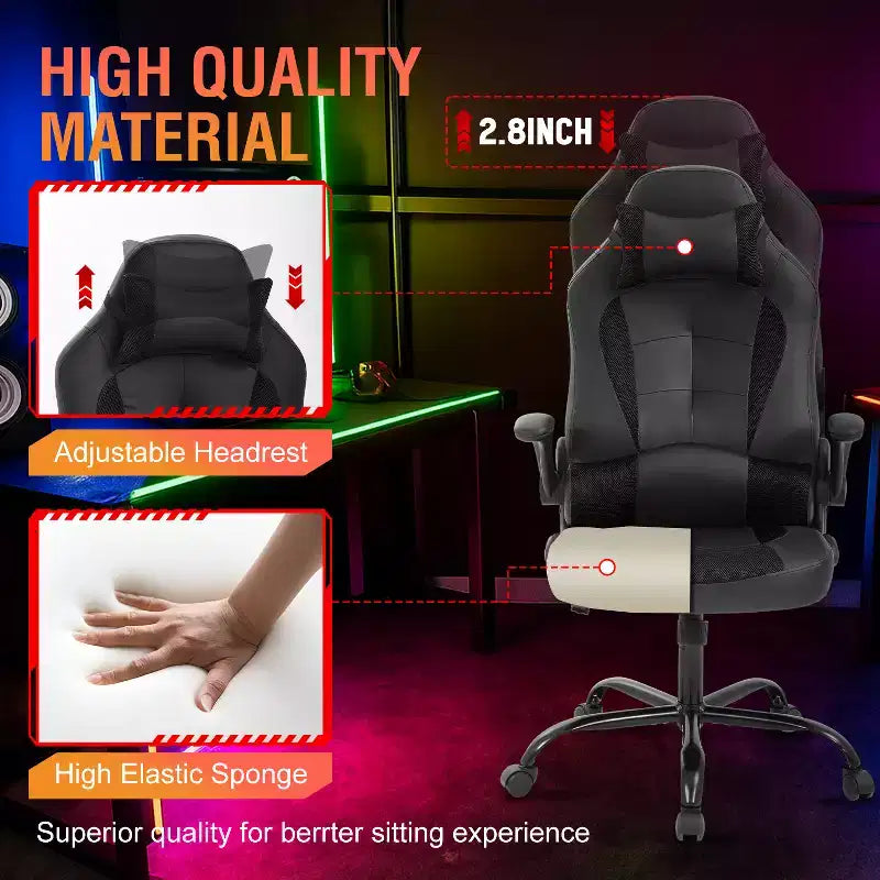 Chaise de bureau et de gaming – Support lombaire, Accoudoirs relevables, Appuie-tête, 113 kg, Cuir PU