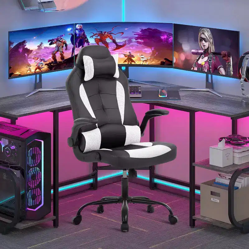 Chaise de bureau et de gaming – Support lombaire, Accoudoirs relevables, Appuie-tête, 113 kg, Cuir PU