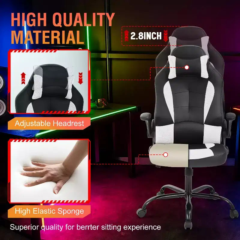 Chaise de bureau et de gaming – Support lombaire, Accoudoirs relevables, Appuie-tête, 113 kg, Cuir PU