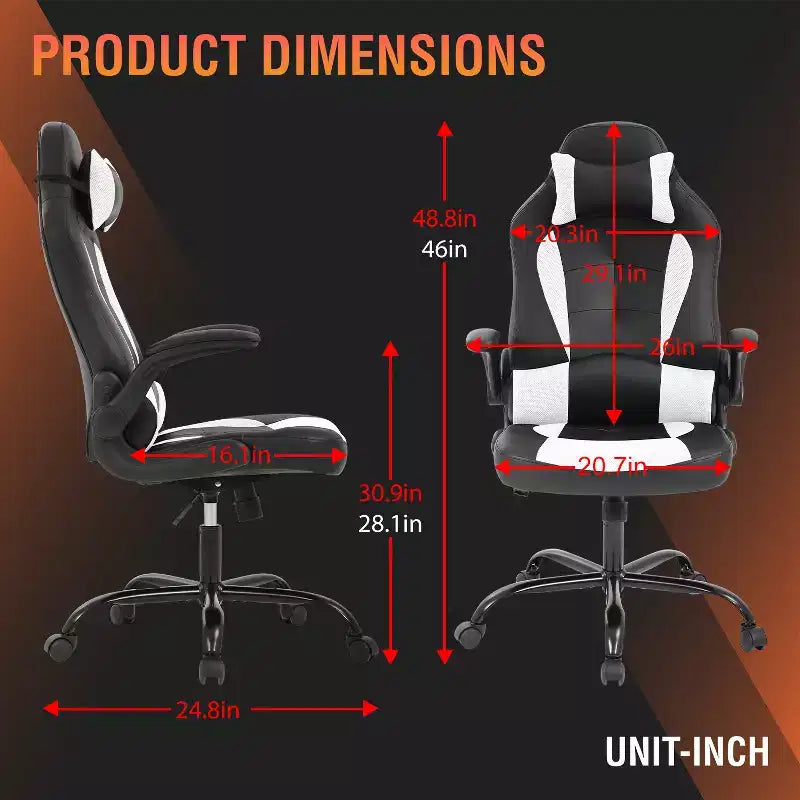 Chaise de bureau et de gaming – Support lombaire, Accoudoirs relevables, Appuie-tête, 113 kg, Cuir PU