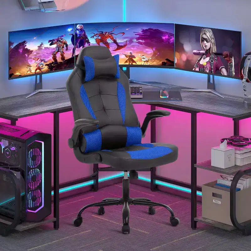 Chaise de bureau et de gaming – Support lombaire, Accoudoirs relevables, Appuie-tête, 113 kg, Cuir PU