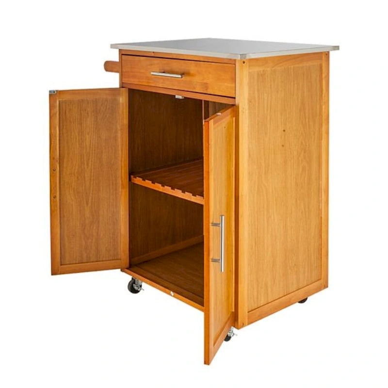 Desserte de cuisine mobile avec plateau en acier inoxydable, un tiroir et un placard Sapele – (28.74 x 18.90 x 35.04)
