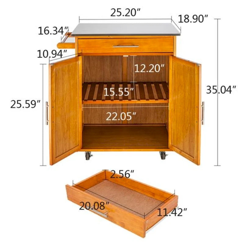 Desserte de cuisine mobile avec plateau en acier inoxydable, un tiroir et un placard Sapele – (28.74 x 18.90 x 35.04)
