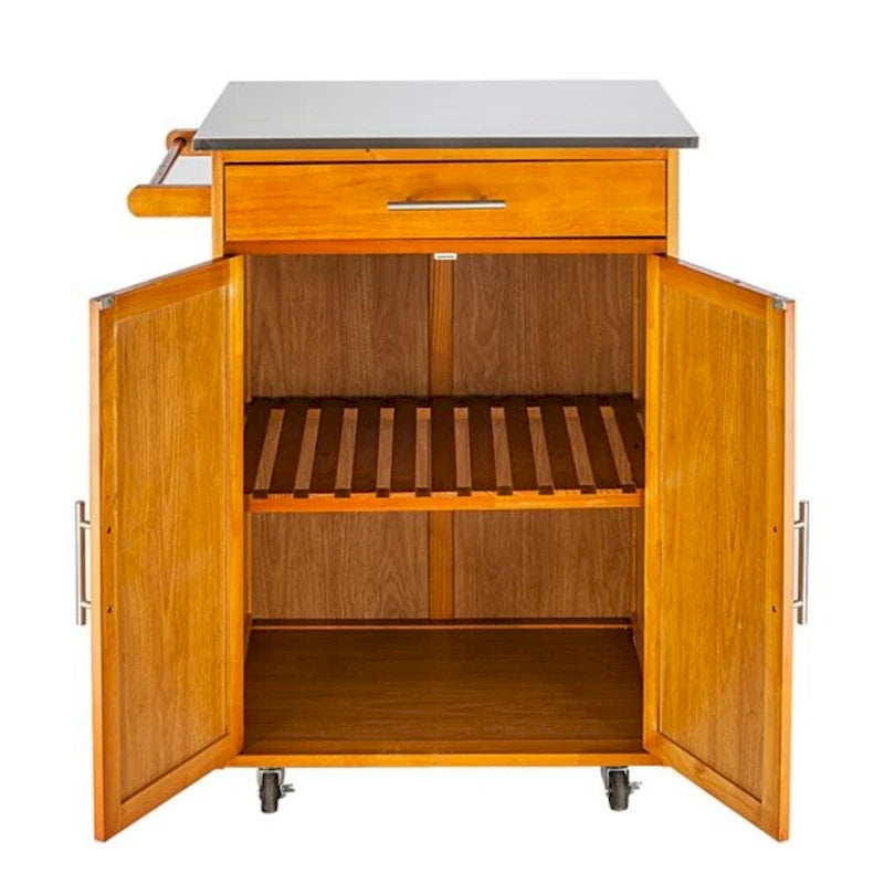 Desserte de cuisine mobile avec plateau en acier inoxydable, un tiroir et un placard Sapele – (28.74 x 18.90 x 35.04)